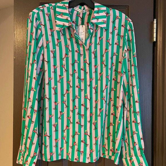 Alice & Olivia Willa Silk Shirt Martini Print Pale Pink & Green Stripes - Large - Picture 4 of 7
